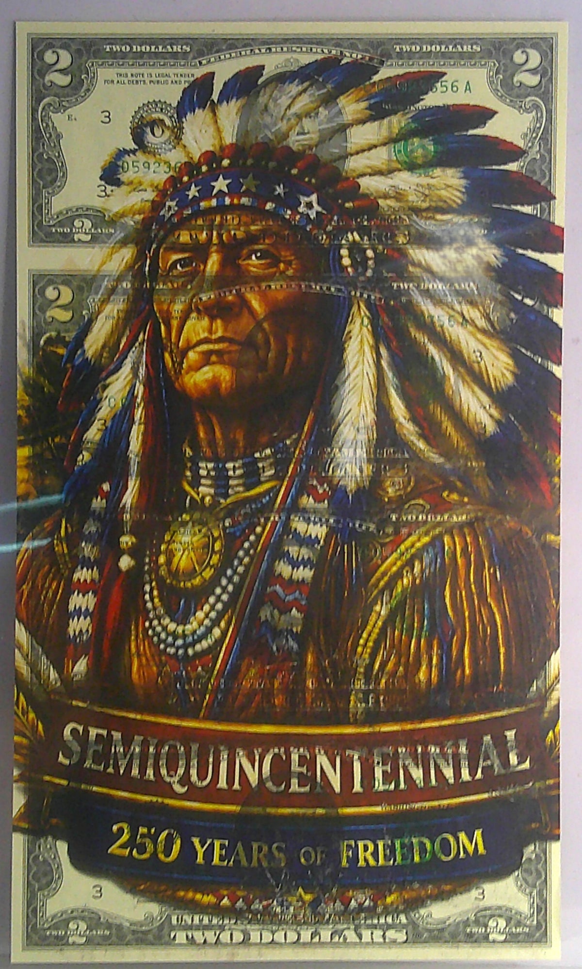 $2 Uncut Sheet Commemorative Indian Chief, Semiquincentennial Note