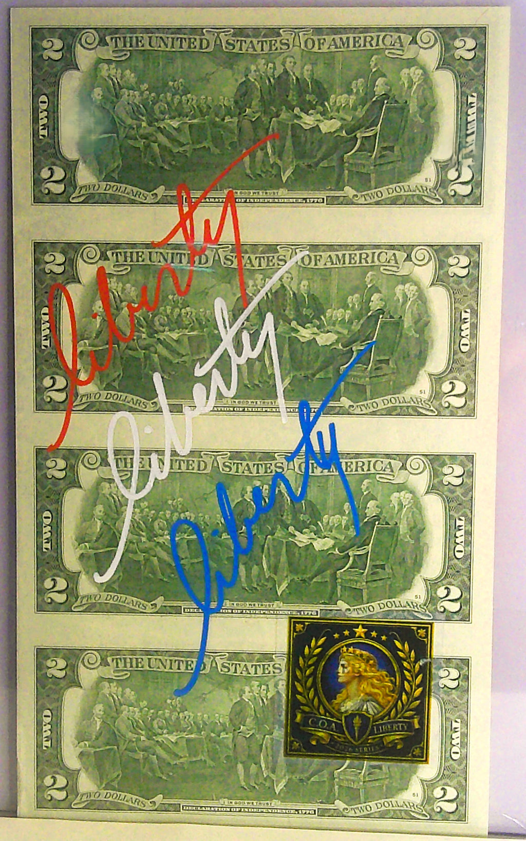 $2 Uncut Sheet Commemorative Indian Chief, Semiquincentennial Note