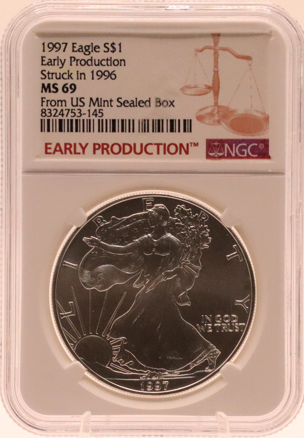 1997 American Silver Eagle Early Production Struck in 1996 NCG MS69