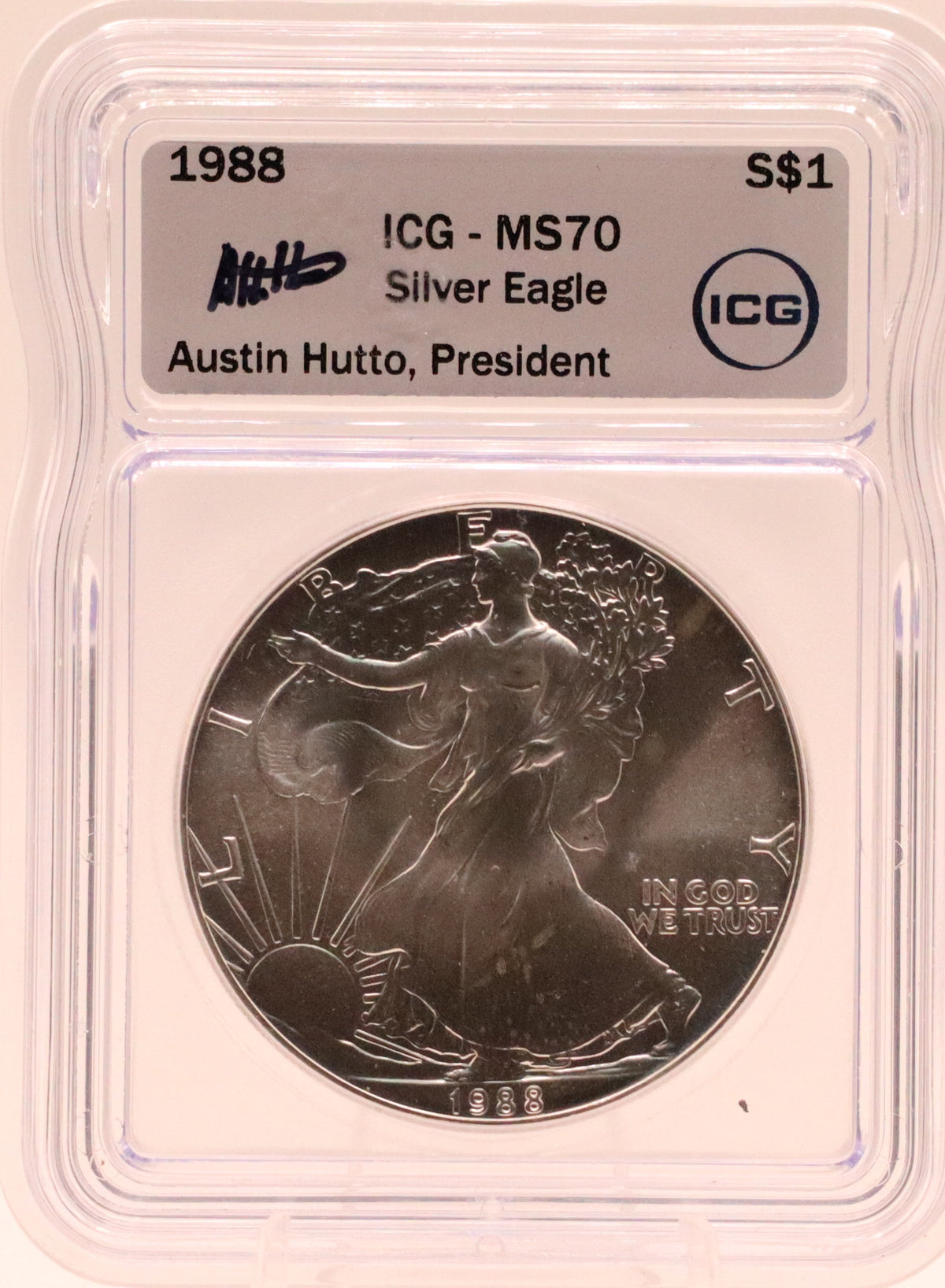 1988 American Silver Eagle ICG MS70 Austin Hutto Signed