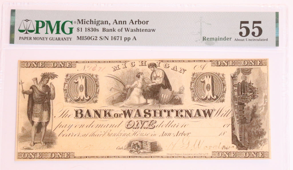 1800's Michigan Bank of Washtenaw $1 note PMG 55