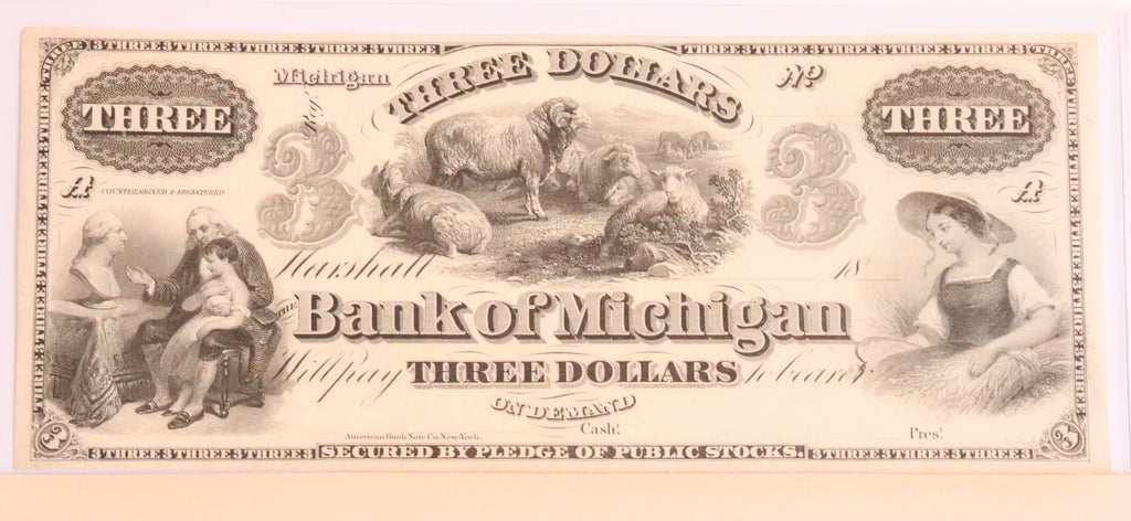 1800's Bank of Michigan $3 Obsolete Note Uncirculated