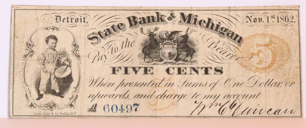 1862 State bank of Michigan 5 cent Fractional Note