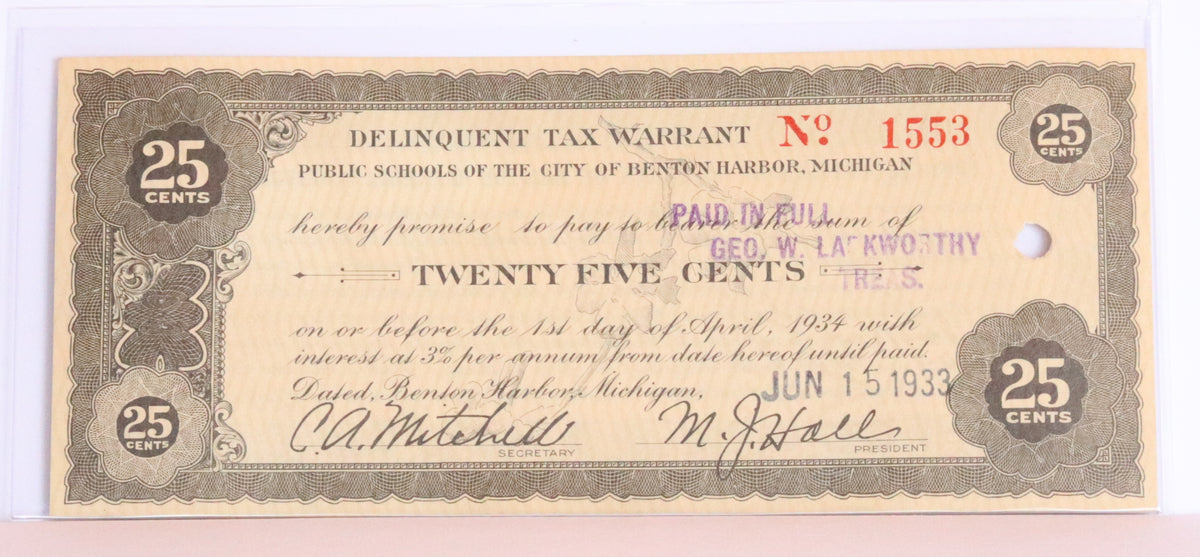 1933 Benton Harbor Tax Warrant